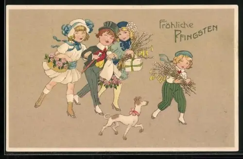 AK Kinder mit Geschenken, Weidenkätzchen und Hund, Fröhliche Pfingsten