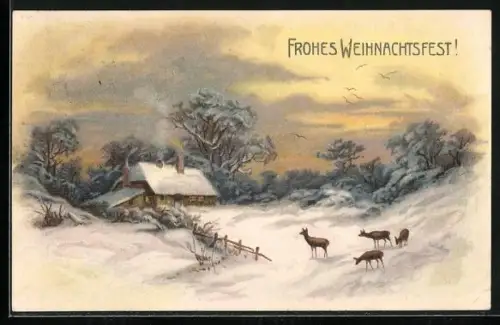 AK Rehe vor verschneitem Gehöft im Abendlicht, Frohes Weihnachtsfest