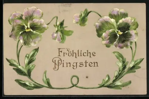 AK Blühende Stiefmütterchen mit Pfingstgruss