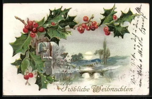 Präge-AK Fröhliche Weihnachten, Winterlandschaft gerahmt von Stechpalmenzweig