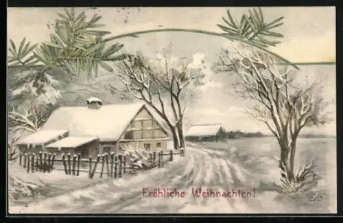 AK Verschneites Gehöft mit Weihnachtsgruss