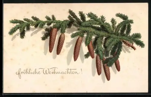 AK Tannenzweig mit Zapfen, Fröhliche Weihnachten!