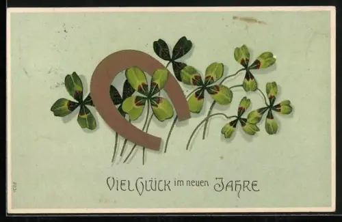 AK Viel Glück zum neuen Jahr, Hufeisen und Glücksklee