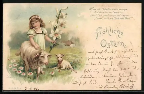 AK Mädchen mit Schafen und weisser Lilie auf einer Wiese, Fröhliche Ostern