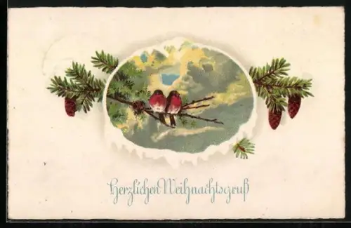 AK Rotkehlchen auf einem Kiefernzweig, Herzlichen Weihnachtsgruss