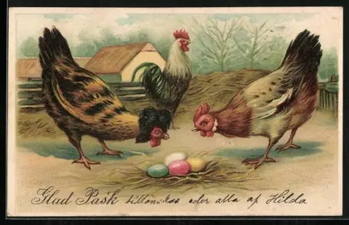 AK Fröhliche Ostern, Hühner begutachten bunte Ostereier