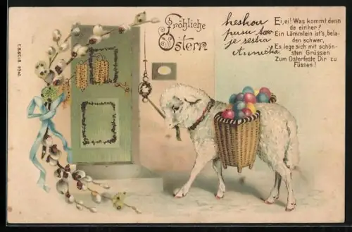 AK Fröhliche Ostern, Lämmchen mit Körben voller Ostereiern