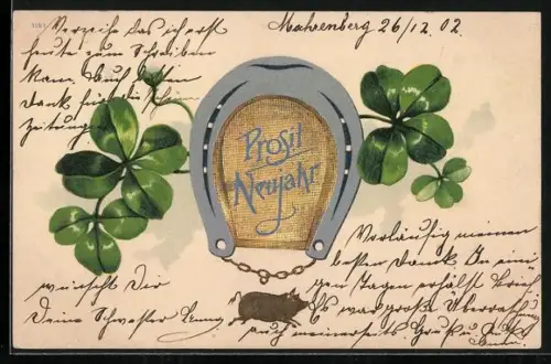 AK Prosit Neujahr, Hufeisen und Kleeblätter