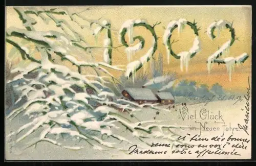 AK Viel Glück im Neuen Jahr, Jahreszahl 1902 mit Schneelandschaft