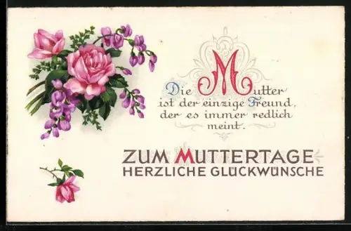 AK Herzliche Glückwünsche zum Muttertag, Blühende Rosen mit Spruch