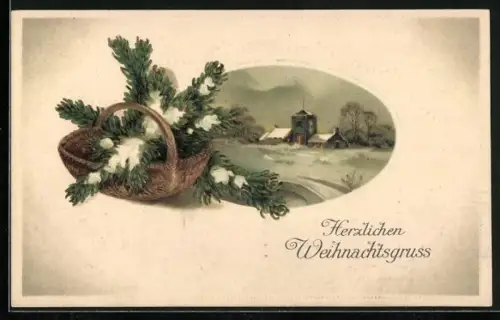 Präge-AK Verschneiter Tannenzweig in einem Korb mit Winterlandschaft, Weihnachtsgruss
