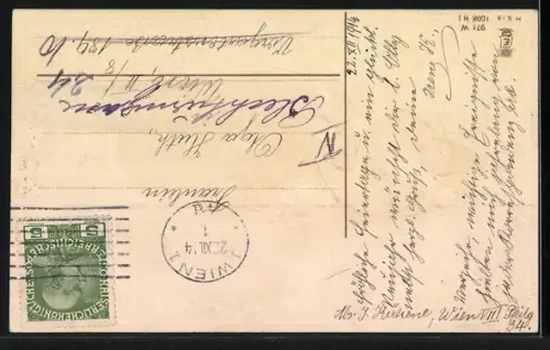 Präge-AK Verschneiter Tannenzweig in einem Korb mit Winterlandschaft, Weihnachtsgruss