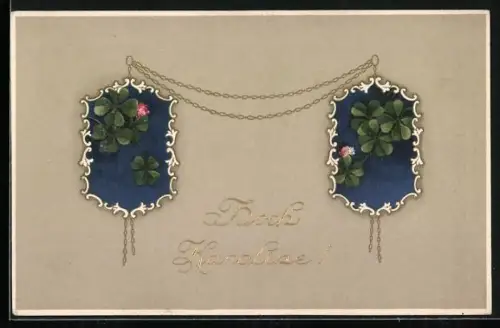 AK Namenstag Karoline, Kleeblätter mit goldenen Ketten