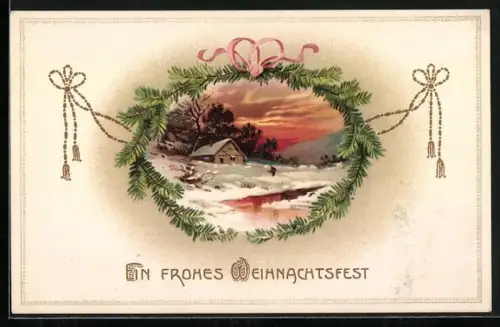 AK Schneelandschaft in Tannenzweig-Passepartout, Ein frohes Weihnachtsfest