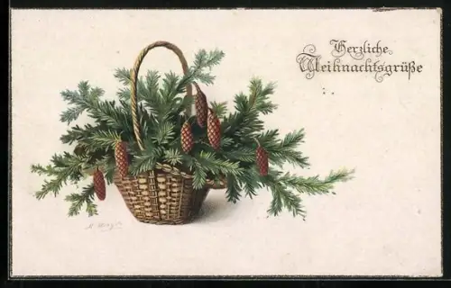 AK Tannenzweige in einem Korb, Herzliche Weihnachtsgrüsse