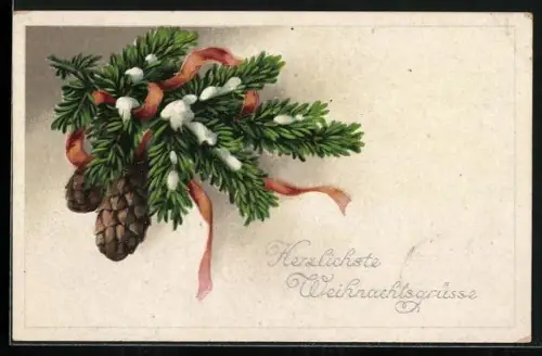 AK Verschneiter Tannenzweig mit Weihnachtsgruss