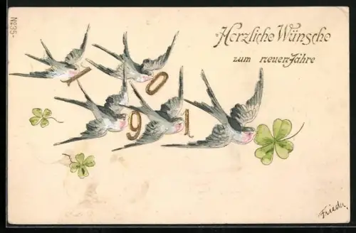 AK Schwalben bringen Klee und Jahreszahl 1901, Herzliche Wünsche zum neuen Jahr