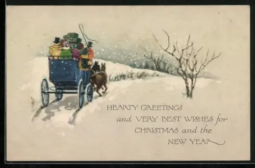 AK Postkutsche fährt mit Paketen durch den Schnee, Weihnachtsgruss