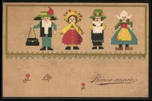 Präge-AK Gestickte Figuren mit Neujahrsgruss