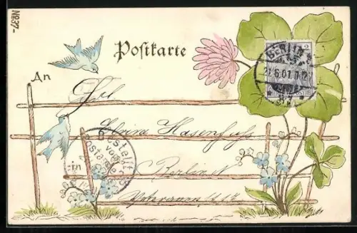 Präge-AK Kleeblatt mit Schwalben und Vergissmeinnicht