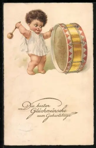 AK kleines Kind schlägt die Trommel, die Besten Glückwünsche zum Geburtstag