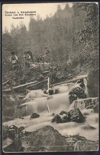 AK Tuchalka, Jäger mit Flinte in den Karpaten am Bachlauf