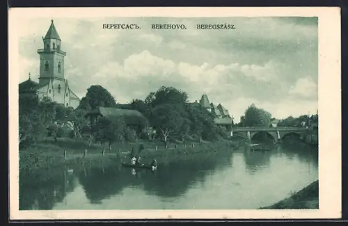 AK Berehovo, Ortspartie am Fluss mit Kirche