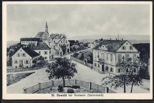AK St. Oswald bei Plankenwarth, Teilansicht mit Strasse und Gasthof aus der Vogelschau