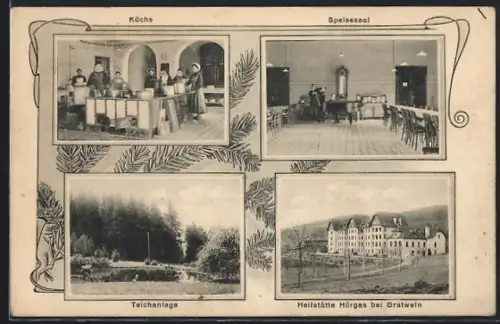 AK Hörgas bei Gratwein, Heilstätte, Küche, Speisesaal, Teichanlage