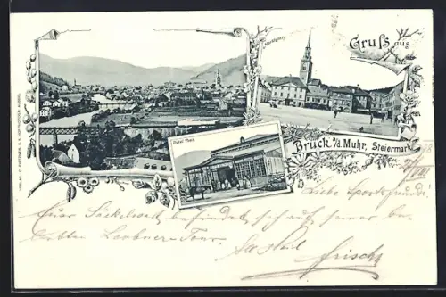AK Bruck / Mur, Hotel Post, Marktplatz, Gesamtansicht