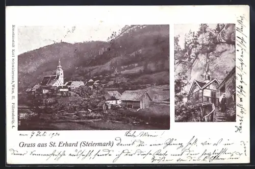 AK St. Erhard / Stmk., Blick auf den Ort, Kapelle