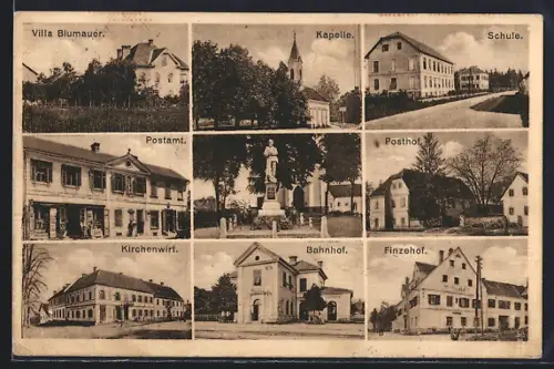 AK Kalsdorf bei Graz, Villa Blumauer, Bahnhof, Finzehof, Kirchenwirt, Postamt, Schule, Kapelle, Denkmal