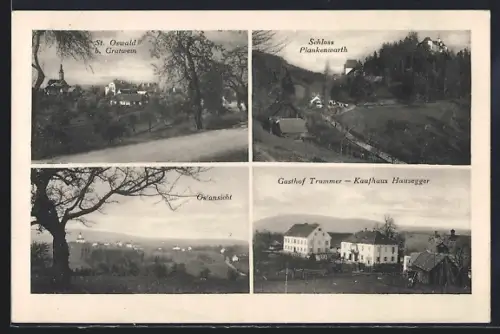 AK St. Oswald b. Gratwein, Gasthof Trummer & Kaufhaus Hausegger, Schloss Plankenwarth, Ortspartie