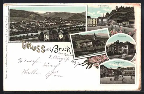 Lithographie Bruck / Mur, Schlossberg, Pius-Institut, Schulhaus