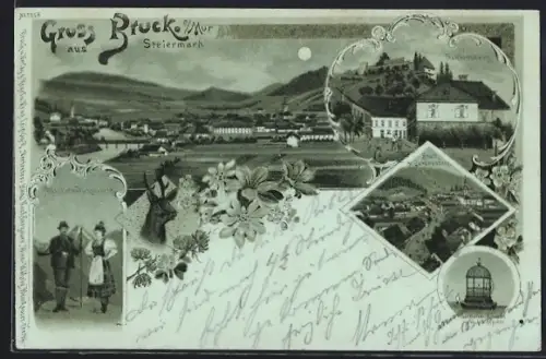 Lithographie Bruck / Mur, Gesamtansicht, Blick zum Schlossberg, Gothischer Brunnen und Mürzthaler Volkstracht