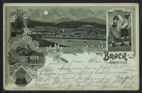 Mondschein-Lithographie Bruck / Mur, Paar beim Steirtanz, Gotischer Brunnen, Schlossberg, Gesamtansicht
