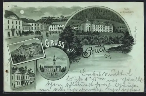 Mondschein-Lithographie Bruck / Mur, Volksschule, Hauptplatz, Stadtpfarrkirche, Theater, Kloster der Kreuzschwestern