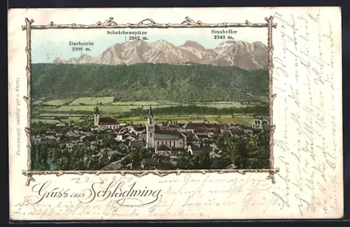 Passepartout-AK Schladming, Teilansicht mit Dachstein, Scheichenspitze und Sinabeller