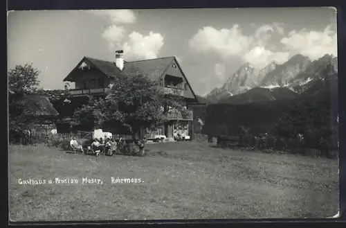 Foto-AK Rohrmoss, Gasthaus Moser mit Alpenpanorama