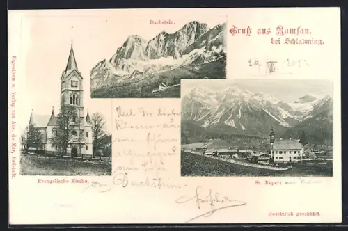 AK Ramsau / Schladming, Blick auf Ort, Kirche und Dachstein