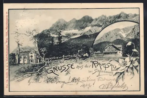 AK Ramsau, Ramsauhof, Prot. Kirche, Dachstein mit Austria Aussicht