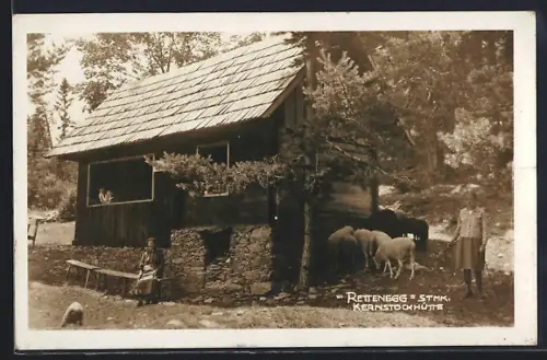 AK Rettenberg, die Kernstockhütte mit Schafherde und Schäferin