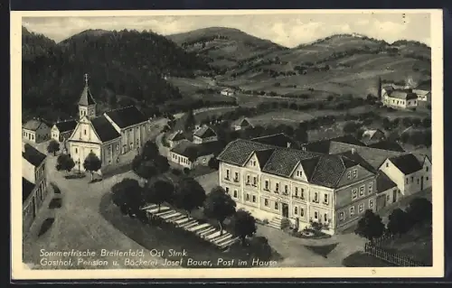 Künstler-AK Breitenfeld / Stmk., Gasthof-Pension Josef Bauer aus der Vogelschau