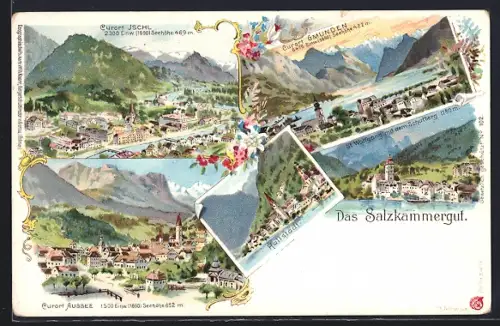 Lithographie Hallstatt, Salzkammergut mit Ansichten von Ischl, Gmunden, Aussee und Hallstatt, Edelweiss