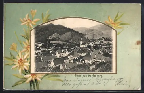 Lithographie Kapfenberg, Totalansicht mit Bergen, Rahmen, Edelweiss