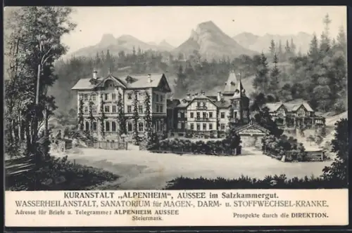 AK Aussee im Salzkammergut, Kuranstalt Alpenheim mit Bergpanorama