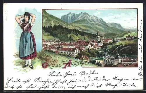 Lithographie Aussee, Gesamtansicht mit Bergpanorama, Frau in Tracht