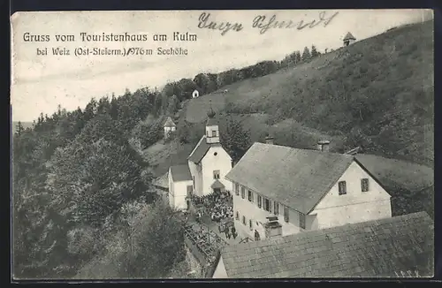 AK Weiz, Touristenhaus am Kulm aus der Vogelschau, Turmgebäude, Versammlung