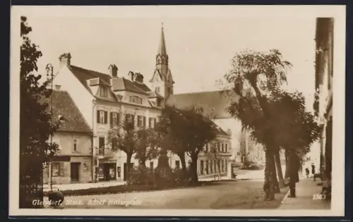 AK Gleisdorf, platz mit Geschäft, Denkmal u. Kirche