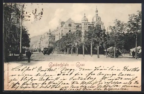 AK Graz, Geidorfplatz mit Marktständen u. Strasse, Turmgebäude, Fuhrwerk